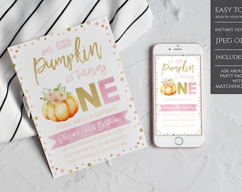 Pumpkin First Birthday Invitation, Our Little Pumpkin 1st Birthday Invitation, Little Pumpkin First Birthday Invite, Editable Template