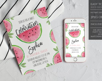 Watermelon Birthday Invitation Template, Watermelon Themed Invitation, Watermelon Invite, Instant Download, Printable Invitation