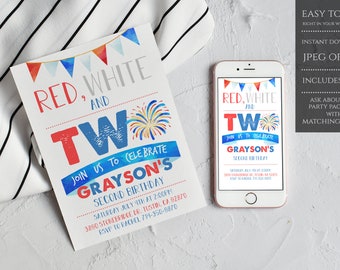 Four of July Patriotic 2nd Birthday Invite, Red White and Two Birthday ...