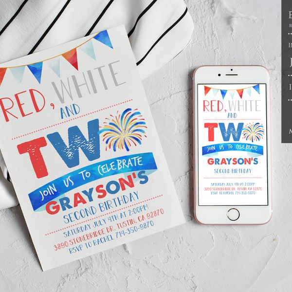 4th Of July Second Birthday Invitation, Red White and Two Birthday Invitation, 4th of July 2nd Birthday Invite, Instant Download - FOJSBI