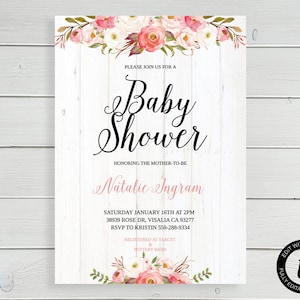 May include: A white woodgrain background with pink and white floral accents. The text "Please join us for a Baby Shower" is written in black cursive font. The text "Honoring the Mother-to-be Natalie Ingram" is written in black font. The text "Saturday January 16th at 2PM 38939 Rose Dr, Visalia CA 93277 RSVP to Kristin 559-288-9334 Registered at Target & Pottery Barn" is written in black font.