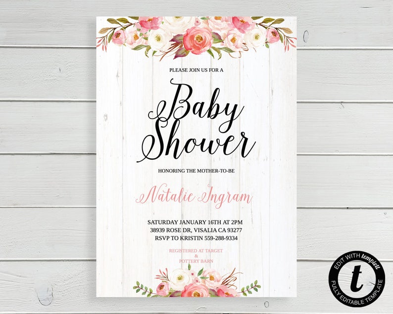 May include: A white woodgrain background with pink and white floral accents. The text "Please join us for a Baby Shower" is written in black cursive font. The text "Honoring the Mother-to-be Natalie Ingram" is written in black font. The text "Saturday January 16th at 2PM 38939 Rose Dr, Visalia CA 93277 RSVP to Kristin 559-288-9334 Registered at Target & Pottery Barn" is written in black font.