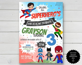 Invitación a fiesta de cumpleaños de superhéroe, cumpleaños de superhéroe, invitación de superhéroe, descarga instantánea, invitación imprimible
