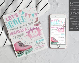 Puede incluir: Una invitación imprimible para una fiesta de cumpleaños número 10 con temática de patinaje sobre ruedas. La invitación presenta un patín de ruedas rosa con ruedas verdes, un fondo de acuarela rosa y azul, y el texto "Let's Roll" e "Isabella cumple 10 años".