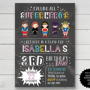 Girl Superhero Birthday Party Invitation, Superhero Birthday, Superhero Invitation, INSTANT DOWNLOAD, Printable Invitation, Girl Superhero