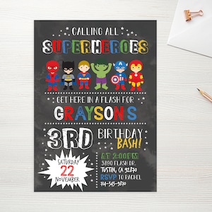 May include: A superhero-themed birthday party invitation with a chalkboard background. The invitation features a group of cartoon superheroes, including Spiderman, Batman, Superman, and Captain America. The text on the invitation reads "Calling all Superheroes... Get here in a flash for Grayson's 3rd Birthday Bash!"  The date is Saturday, November 22nd, and the time is 2:00 PM. The address is 3890 Flash Dr., Tustin, CA 92870. RSVP to Rachel at 714-343-9870.