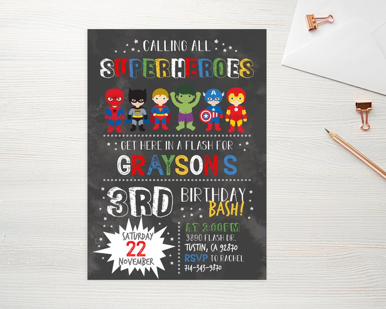 May include: A superhero-themed birthday party invitation with a chalkboard background. The invitation features a group of cartoon superheroes, including Spiderman, Batman, Superman, and Captain America. The text on the invitation reads "Calling all Superheroes... Get here in a flash for Grayson's 3rd Birthday Bash!"  The date is Saturday, November 22nd, and the time is 2:00 PM. The address is 3890 Flash Dr., Tustin, CA 92870. RSVP to Rachel at 714-343-9870.