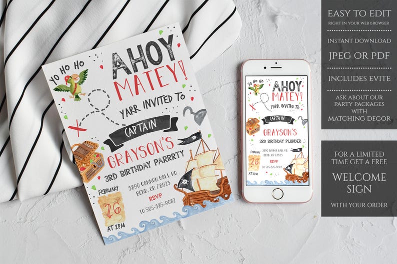 Pirate Birthday, Pirate Invitation, Pirate Party, Pirate, Pirate Invite, Birthday Invitation, Birthday, Printable Invitation, Pirate - PBP image 1