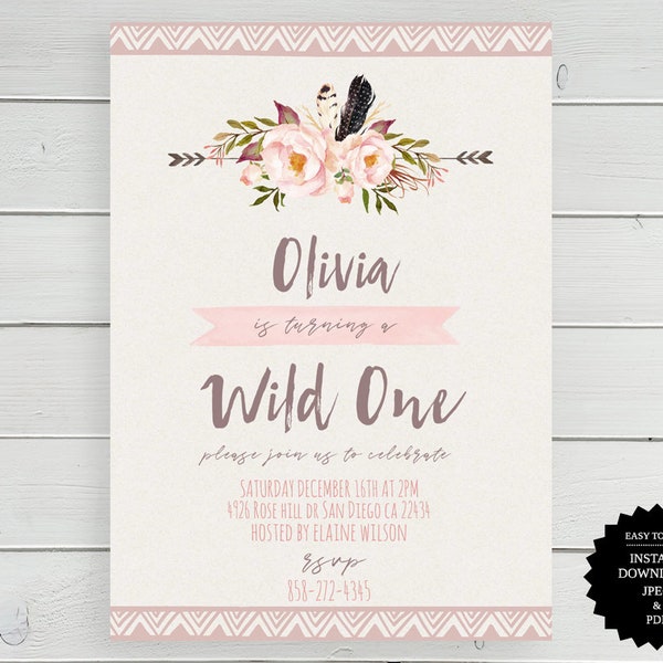 Wild One Birthday Invitation, Boho Girl First 1st Birthday Invitation, Tribal Birthday Party Invite, Floral Tribal Boho Birthday Invitation