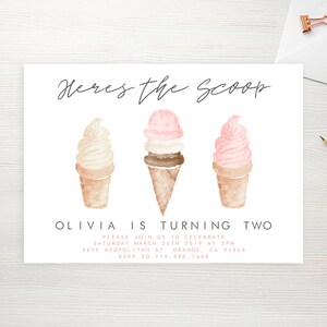 May include: An invitation to a birthday party for Olivia, who is turning two. The invitation features a watercolour illustration of three ice cream cones with different flavours. The text "Here's the Scoop" is written in a cursive font at the top of the invitation. The invitation also includes the date, time, and location of the party.