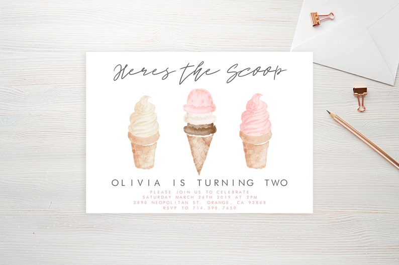 May include: An invitation to a birthday party for Olivia, who is turning two. The invitation features a watercolour illustration of three ice cream cones with different flavours. The text "Here's the Scoop" is written in a cursive font at the top of the invitation. The invitation also includes the date, time, and location of the party.