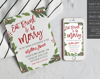 Könnte beinhalten: Eine druckbare Weihnachtsfeier-Einladung mit einem Design aus Stechpalme und Beeren. Die Einladung lautet "Eat, Drink & be Merry" und enthält Details für eine Party im Haus der Millers.