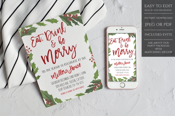 Eat Drink and Be Merry Christmas Invitation, Holiday Party Invitation, INSTANT DOWNLOAD, Printable Christmas Party Invite