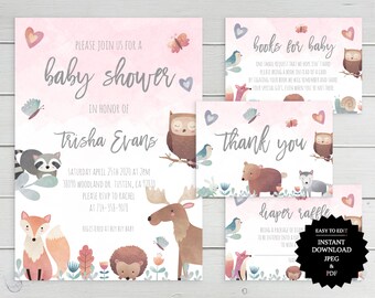 Woodland Animals Girl Baby Shower Invitation, Woodland Baby Shower Invite, Printable Invitation, INSTANT DOWNLOAD