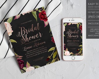 Rose Gold Bridal Shower Invitation, Floral Bridal Shower Invitation, Instant download, Printable Template