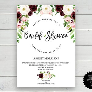 Marsala Bridal Shower Invitation, Boho Bridal Shower Invite, Rustic Bridal Shower Invitation, Watercolor, Burgundy Bridal Shower Invitation