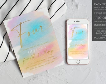 4th Birthday Invitation Girl, Fourth Tea Party Invite, Editable Pastel Rainbow Fourth Birthday Invite, Ombre Pink Gold Peach Blue