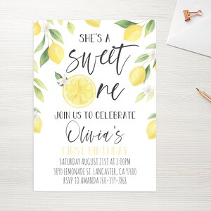 Lemon Birthday Invitation Template, She's A Sweet One Birthday Invitation, Lemon Summer Birthday Invitation, Instant Download, Printable image 2