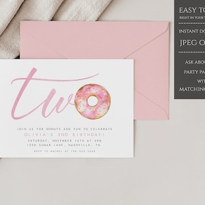 Donut Second Birthday Invitation, Donut Grow Up Second Birthday Invite, Two Sweet Birthday Invite, INSTANT DOWNLOAD, Printable Template
