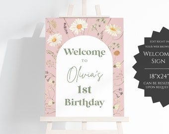 Boho Birthday Welcome Sign, Editable Daisy Birthday Welcome Sign, Wildflower Birthday Welcome Sign - BWOBP