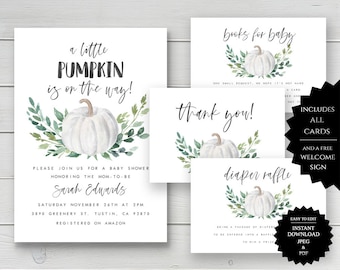 May include: Printable baby shower invitation set with a watercolor pumpkin and greenery design. The set includes a thank you card, a diaper raffle card, and a books for baby card. The invitation says "a little pumpkin is on the way!" and includes the date, time, and location of the shower. The cards are easy to edit and download in JPEG and PDF formats.