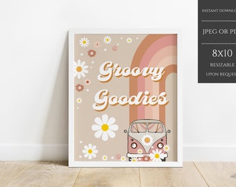 Groovy Food Party Sign, Groovy Goodies Party, Hippie Van Party Decor Birthday Sign, Food Sign Daisy Retro 70s Peace, Instant Download, GBPD