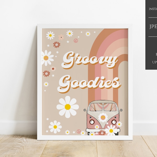 Groovy Food Party Sign, Groovy Goodies Party, Hippie Van Party Decor Birthday Sign, Food Sign Daisy Retro 70s Peace, Instant Download, GBPD