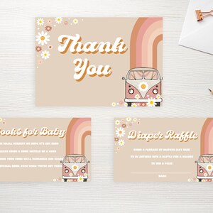 May include: A set of three baby shower cards with a retro design. The cards feature a pink and beige colour scheme, a rainbow, a vintage van, and daisy accents. The cards include the phrases "Thank You", "Books for Baby", and "Diaper Raffle".