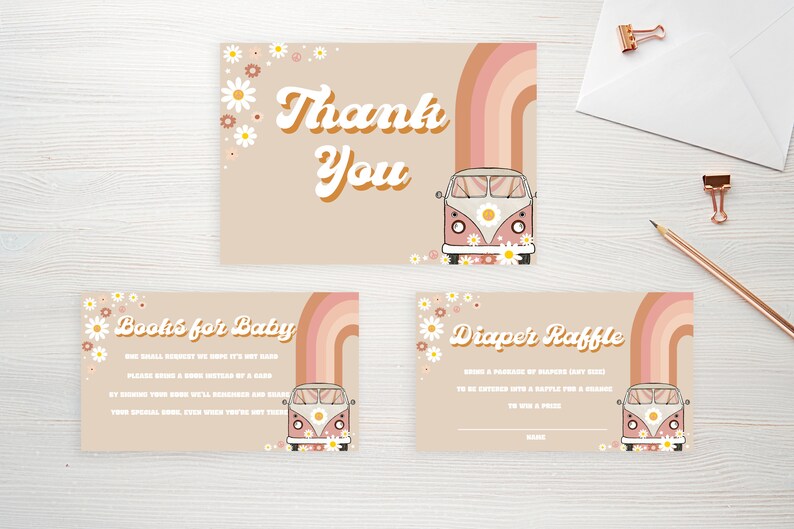 May include: A set of three baby shower cards with a retro design. The cards feature a pink and beige colour scheme, a rainbow, a vintage van, and daisy accents. The cards include the phrases "Thank You", "Books for Baby", and "Diaper Raffle".