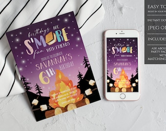 May include: Purple and gold birthday invitation with a campfire and marshmallows. The text reads "birthdays are s'more fun with friends. Join us to celebrate Savannah's 6th birthday."