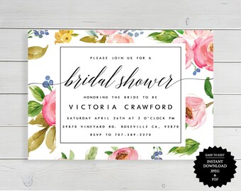 Bridal Shower, Bridal Shower Invite, Shower Invitation, Printable Invitation, Instant Download, Invitation, Floral Bridal Shower, Wedding