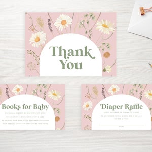 May include: Three pink cards with a floral design featuring white daisies and green stems. The top card says "Thank You". The middle card says "Books for Baby" and the bottom card says "Diaper Raffle".
