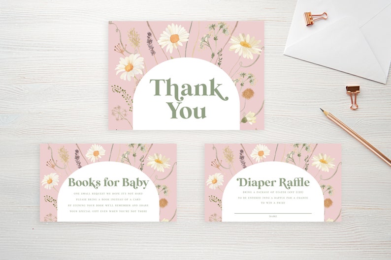 May include: Three pink cards with a floral design featuring white daisies and green stems. The top card says "Thank You". The middle card says "Books for Baby" and the bottom card says "Diaper Raffle".