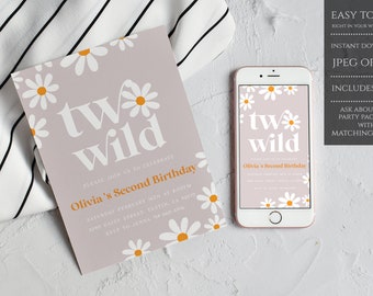 Two Wild Second Birthday Invitation, Daisy Second Birthday Invitation, Bohemian Daisy Second Birthday Invite, Editable Template