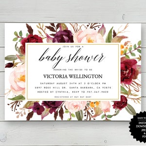 Baby Shower Invite, Baby Shower, Marsala Baby Shower, Floral Baby Shower, Shower Invitation, Printable Invitation, Instant Download, Marsala