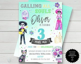 May include: A turquoise and green Day of the Dead themed birthday invitation for a boy turning three. The invitation features a skeleton playing a guitar, a skeleton wearing a pink dress, and a skull with flowers. The text on the invitation reads "Calling All Souls Oliver is turning 3 years old. Join us to celebrate Saturday October 25th at 5pm 3890 Skeleton Rd. Tustin, CA 92870 RSVP to Rachel at 714-756-5087."