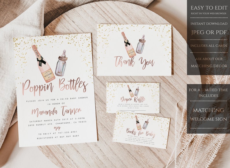 Puede incluir: Un conjunto de invitaciones y tarjetas para baby shower con tem&aacute;tica de champ&aacute;n y biber&oacute;n. La invitaci&oacute;n dice "Poppin Bottles" e incluye detalles del evento. Tarjetas adicionales dicen "Thank You", "Diaper Raffle" y "Books for Baby".