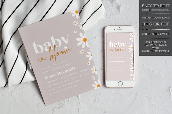Daisy Baby in Bloom Baby Shower Party Invitations, Baby In Bloom Baby Shower Invitation, Instant Download, Editable Template