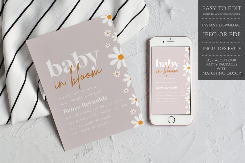 May include: A baby shower invitation with a light pink background and white daisies. The text "baby in bloom" is in orange and white. The invitation includes the name "Renee Reynolds" and details for the shower.