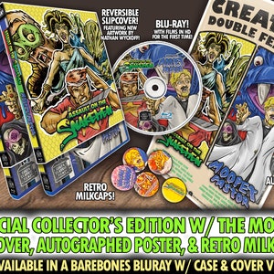 May include: A special collector's edition Blu-ray set of the movie "Assault on the Snakemen" featuring a reversible slipcover, an autographed poster, and retro milk caps. The Blu-ray case is blue with a black spine and the movie title in white. The slipcover is a colorful illustration of the movie's characters. The poster is a black and white illustration of a creature with the text "Creature Double Feature" and "Moopex Pastor".