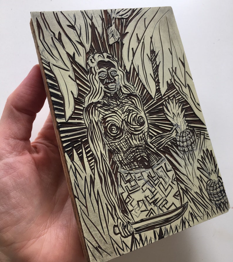 Handmade original Linocut print block of tropical Hawaiian topless woman with pineapple and sword