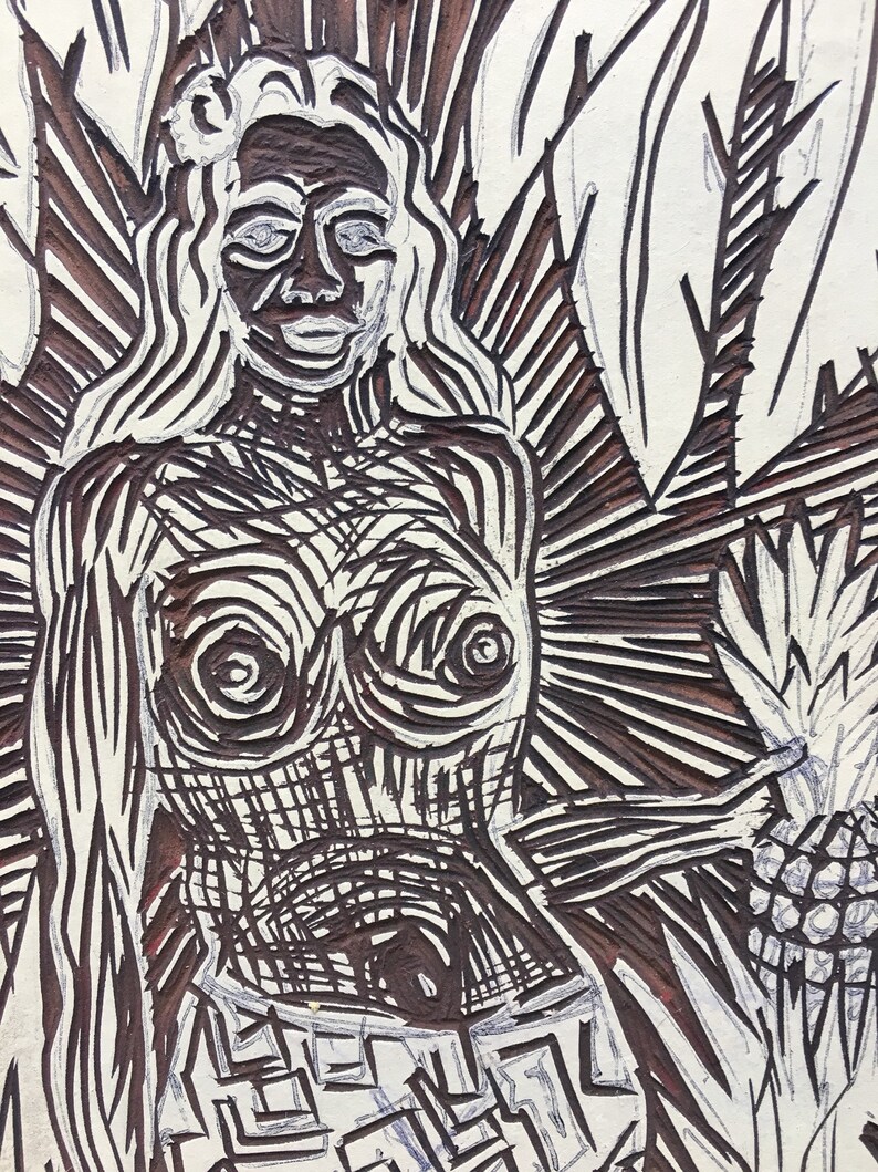 Handmade original Linocut print block of tropical Hawaiian topless woman with pineapple and sword