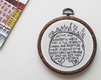 Wonderful World Embroidery Hoop Art. Modern Embroidery Hoop Art.