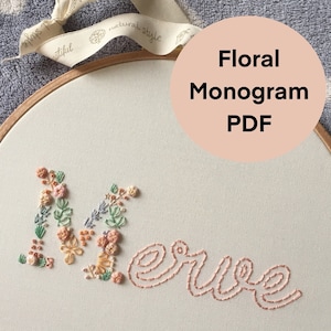 Padrão de bordado de monograma floral. Padrão de bordado de alfabeto floral. Padrão de bordado de nome floral. Padrão de inicial floral.