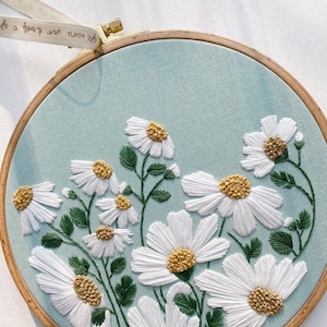 Daisy Embroidery Hoop Art. Botanical Embroidery Hoop Art. Flower Embroidery Hoop. Modern Embroidery. image 1