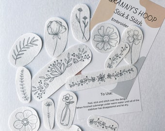 Stick and Stitch Embroidery Patterns, Stick on Floral Embroidery Patches, Water Soluble Embroidery Designs, Stick on Beginner Patterns
