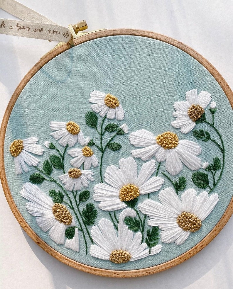 Daisy Embroidery Hoop Art. Botanical Embroidery Hoop Art. Flower Embroidery Hoop. Modern Embroidery. image 1