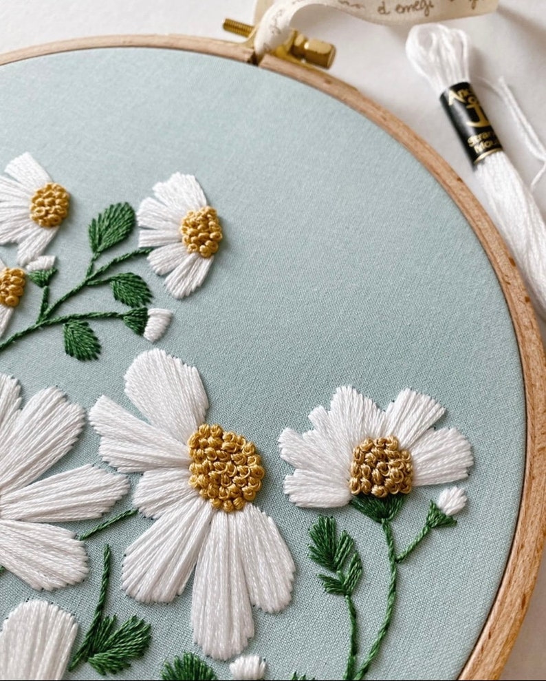 Daisy Embroidery Hoop Art. Botanical Embroidery Hoop Art. Flower Embroidery Hoop. Modern Embroidery. image 3