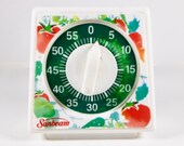 Vintage Sunbeam Kitchen Timer Wind-Up 60 Minute with Big Bell Sound, Tested, Works Perfectly Red, Green, White Veggies Design