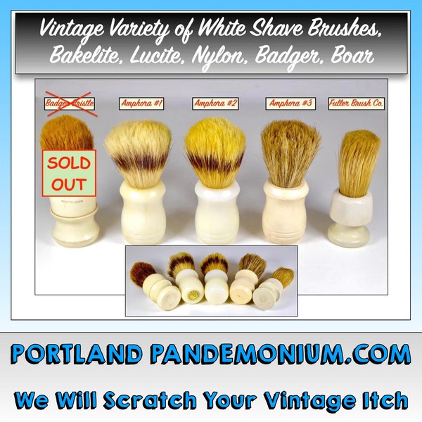 Vintage Group of White and Ivory Shave Brushes Circa Mid Century, Fuller Brush Co, Amphora-Style, Badger, Boar, Horse Knots.